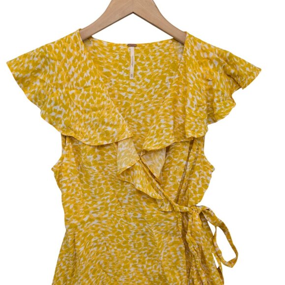 Free People French Quarter Mini Wrap Dress Yellow White Flutter Sleeve Size XS - Picture 3 of 11